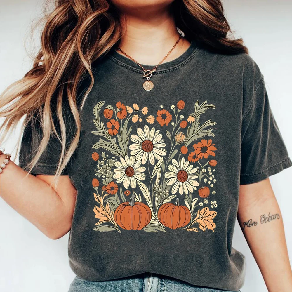 

Boho Fall Floral T Shirt Retro Fall Shirts Autumn Vibes Tshirt Pumpkin Season Graphic Tee Vintage Fall Pumpkin Aesthetic Tops