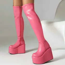 2024 Women Over the Knee Boots Platform Wedges High Heel Ladies Long Boots PU Leather Round Toe Zipper Sexy Party Women's Boots