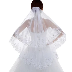 Wholesale Women's Short 2 Tier Lace Wedding Bridal Veil With Comb High Quality Appliqued Sequin Lace Edge