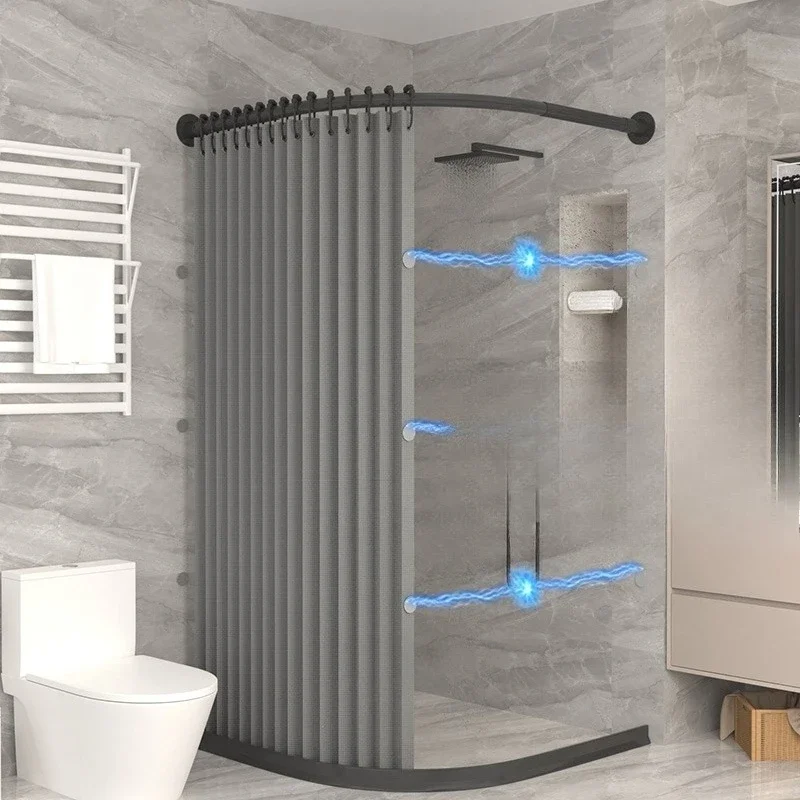 Curved folding shower curtain set No punching bathroom tarp toilet magnetic shower dry and wet separation partition curtain