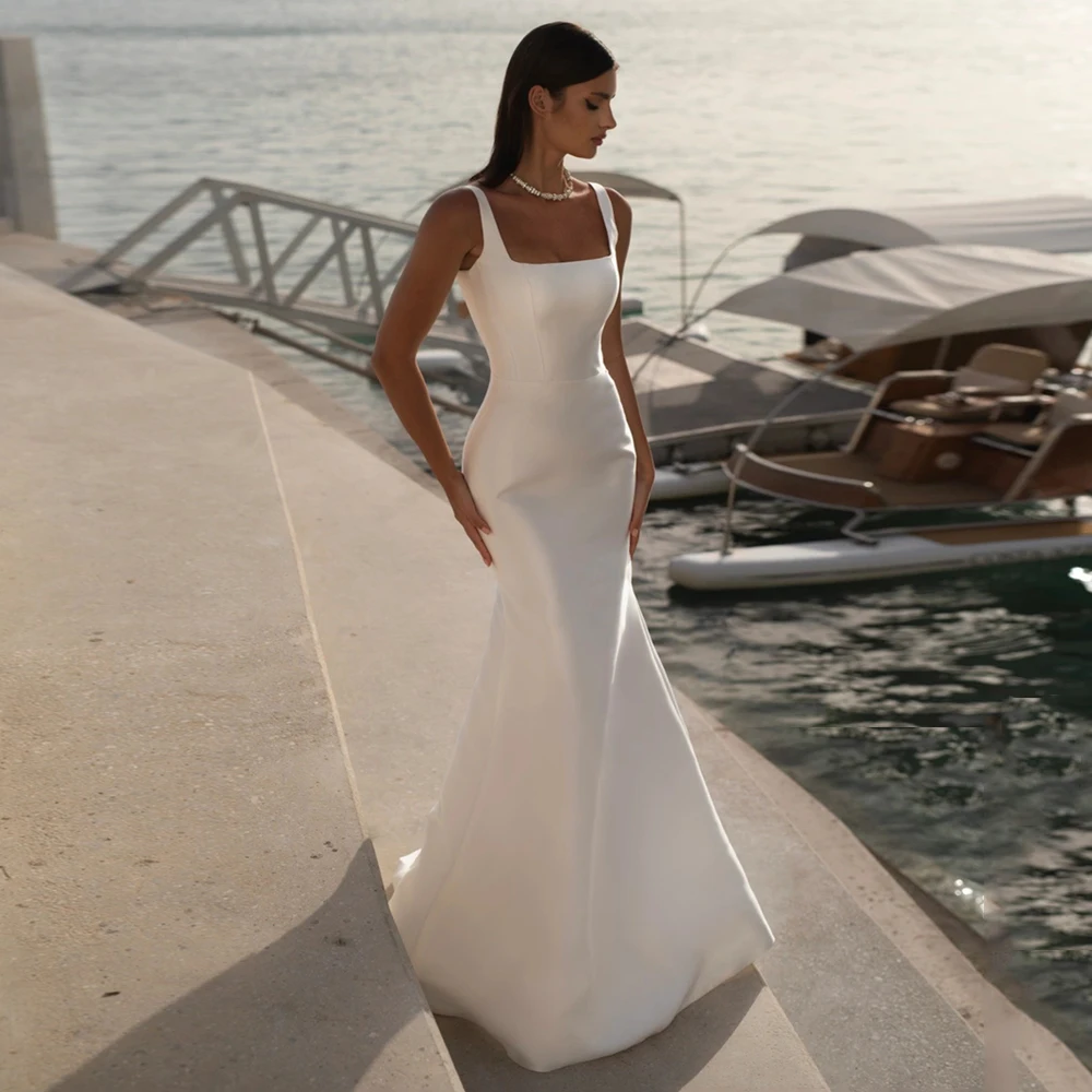Simple Mermaid Wedding Dress Modern Bridal Gown 2024 Square Neck Sleeveless Backless Sweep Train Vestido De Noiva Bride Dresses image 4