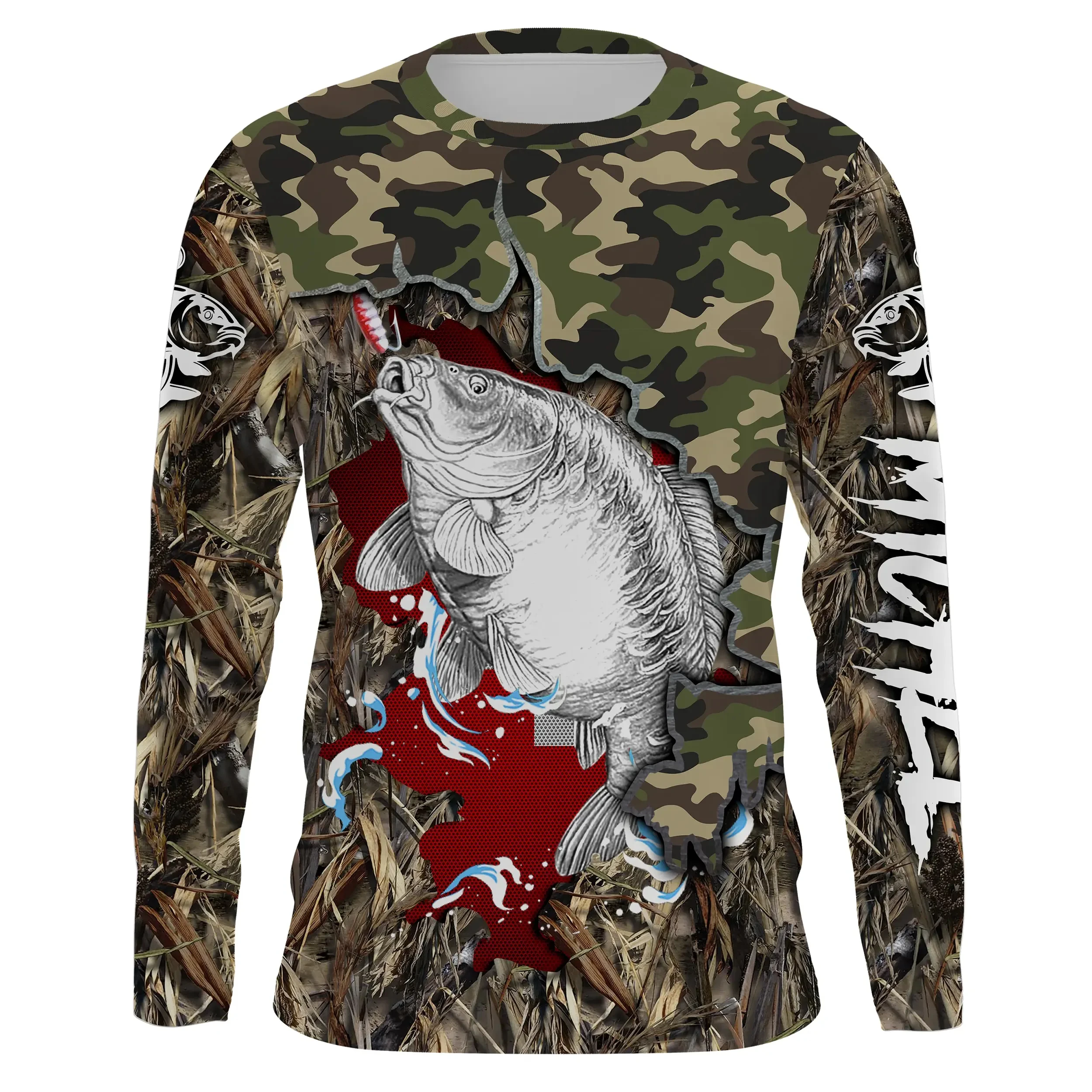 Camouflage Reed Rip Sketch Carp Print Crew Neck Long Sleeve Tee, Visual Impact for Daily Wear, Beach Walks & Casual Fishing