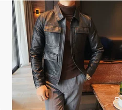 Mini slim fit button PU jacket for men Motorcycle men's leather jacket
