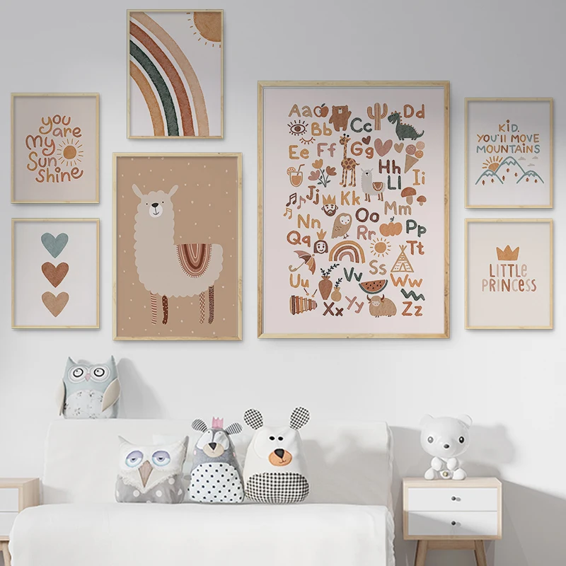 Alfabeto Alpaca Arco Iris Bohemia arte lienzo impresión cartel para cuadros de pared pinturas decorativas niños guardería habitación de bebé