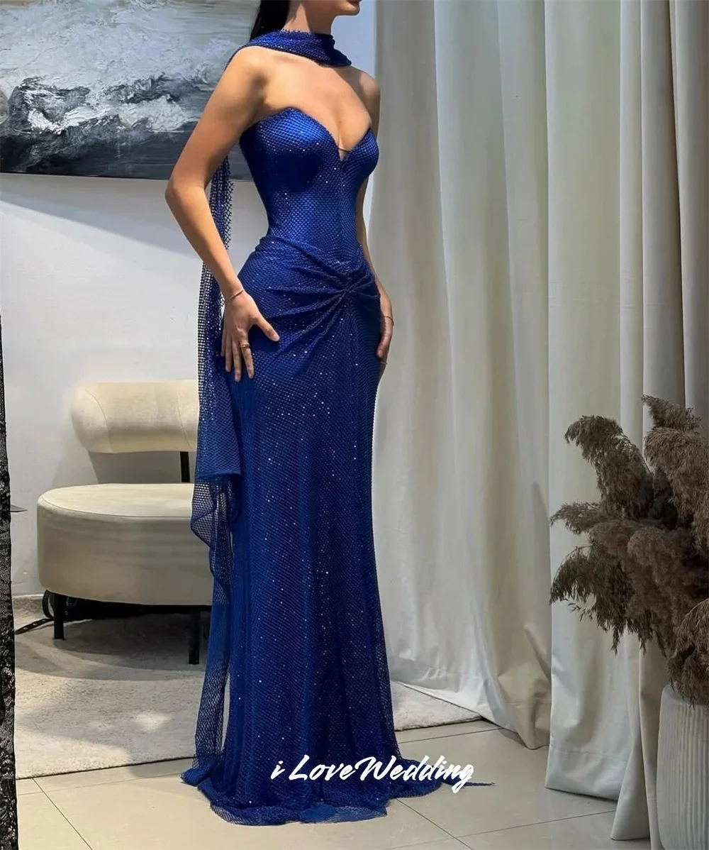 블루 스트랩리스 이브닝 드레스 2025 스윗하트 슬리브리스 플리츠 시퀸 머메이드 플로어-길이 웨딩 파티 드레스 맞춤 제작