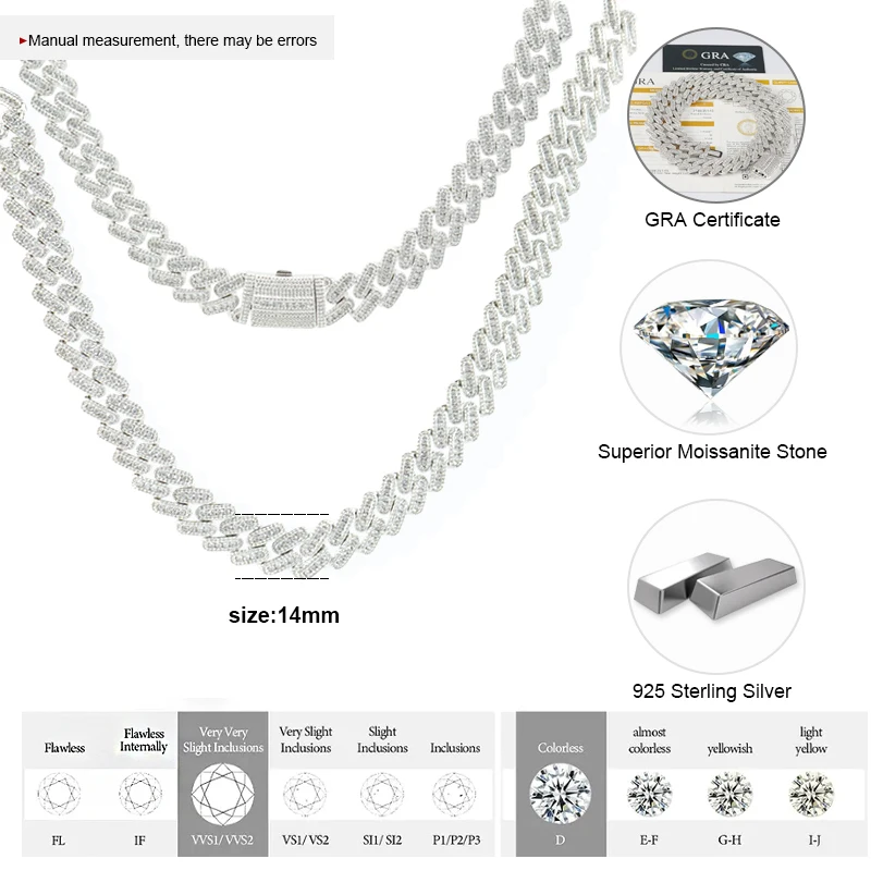 Pass Tester 14mm 925 Sterling Silver Vvs Baguette Moissanite Iced Out Pill Shape Miami Cuban Link Chain Necklace