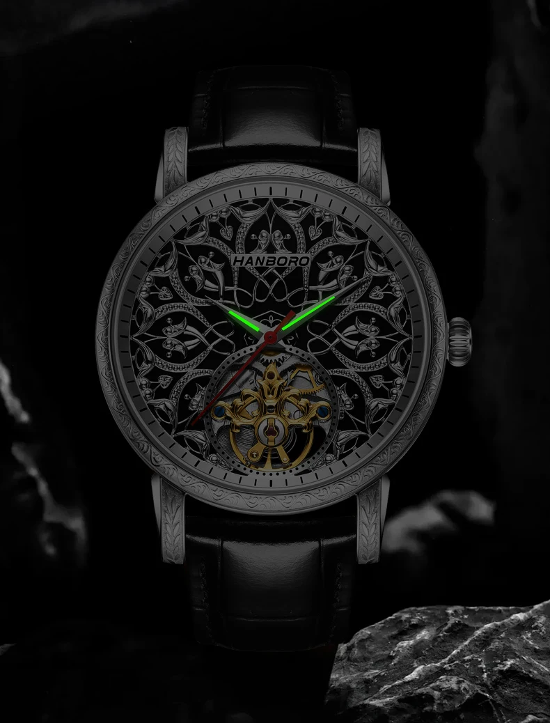 HANBORO Orologio automatico da uomo 42mm Orologio da polso meccanico vintage Luminoso 50M Impermeabile Zaffiro intagliato Quadrante scavato