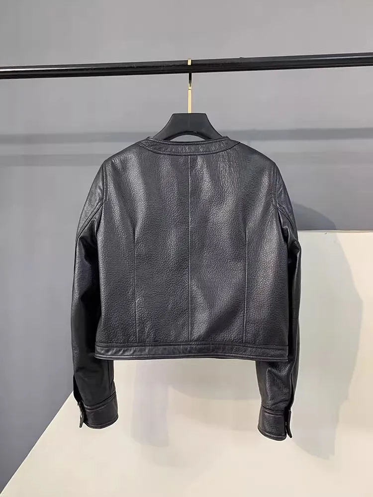 Autumn New Genuine Leather Women Short Jacket Round Neck Long Sleeve Jackets Top Straight Fashion Coat Single Breasted Outerwear