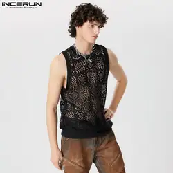 Fashion Well Fitting Tops INCERUN New Men's Tracery Perspective Design Vests Casual Sexy Thin Sleeveless O-neck Tank Tops S-5XL