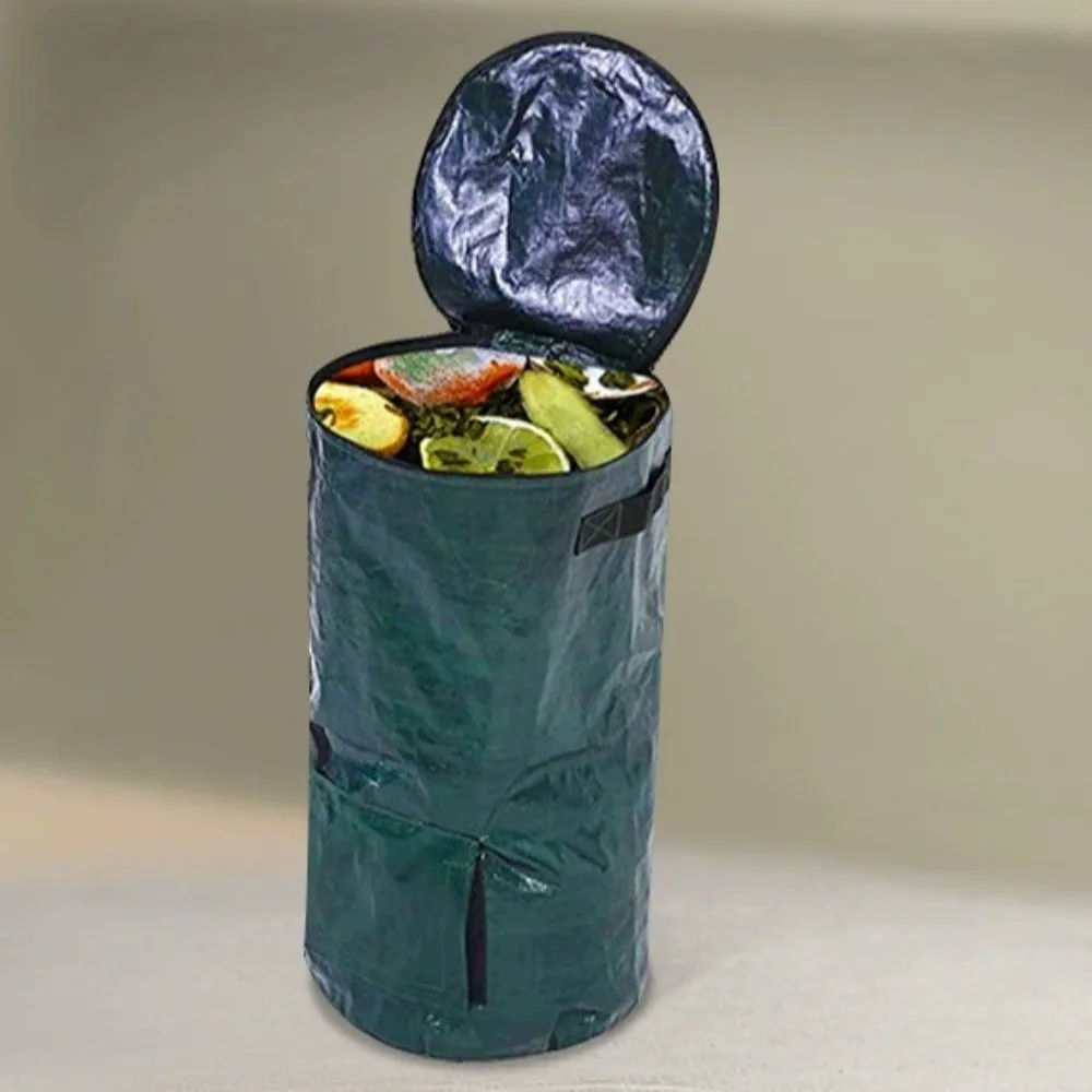 Wear Resist Compost Bin Bag Zippered Lid with Handles Yard Garbage Bag Reusable Sealed Refuse Composter Lawn Pool