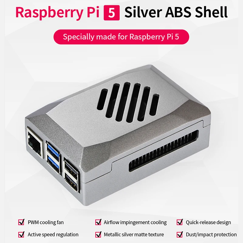 Etui z ABS dla Raspberry Pi 5 Silver ABS Shell z regulowaną prędkością wentylator chłodzący PWM kompatybilny oficjalny aktywny grzejnik do RPi 5