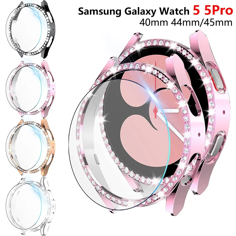 Glass+Watch Cover For Samsung Galaxy Watch 5 40mm 44mm and 5 Pro 45mm Hard PC Diamond Bling Case Bumper+Glass Screen Protector