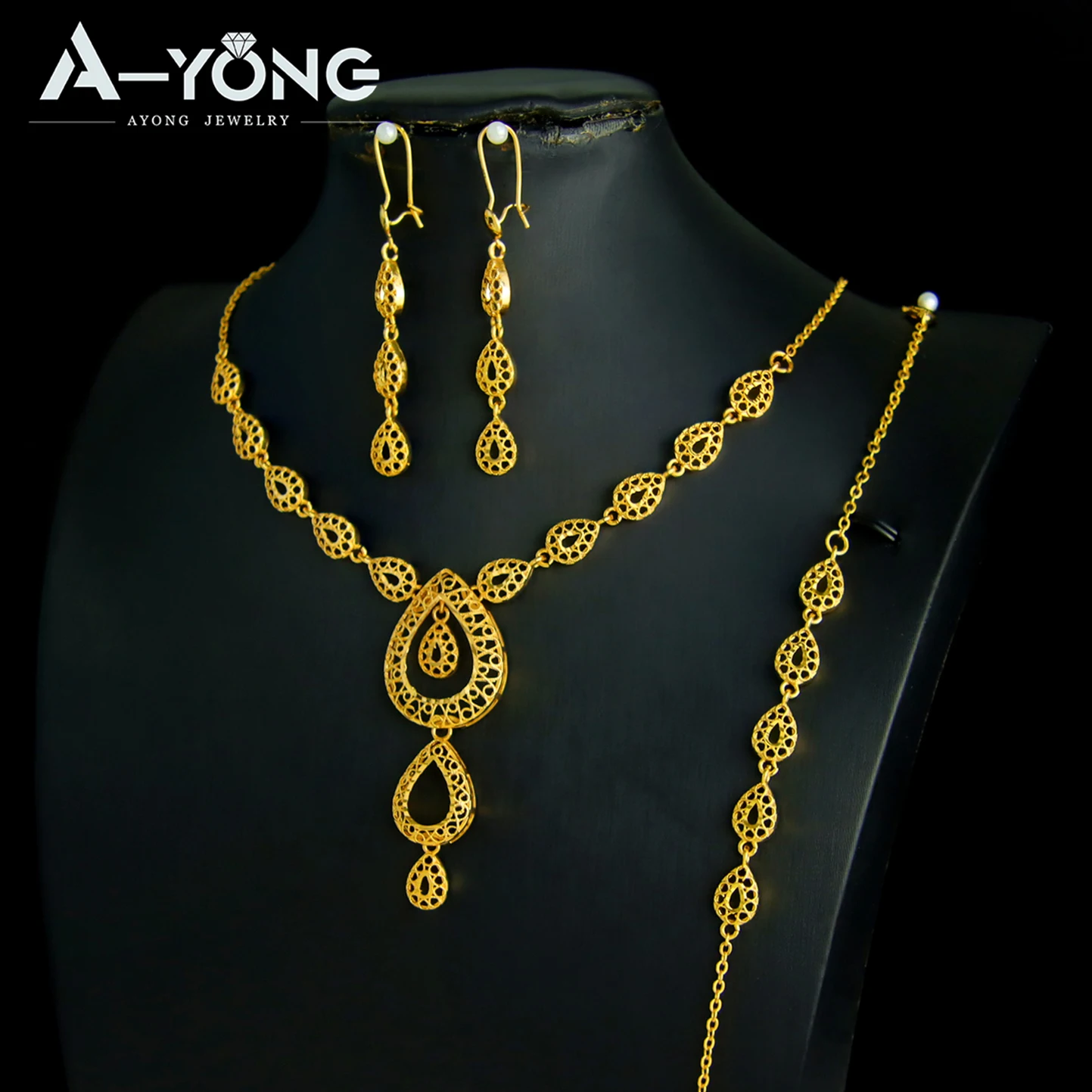 Luxuriöses Dubai Brautschmuck-Set 21k Vergoldet Nigeria Elegante Halskette Armband Ohrringe Arabischer Frauen Party-Schmuck – Detail 9