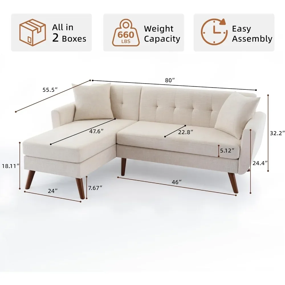 L Shaped Living Room Sofa, 3 Seat Couch with Wide Chaise Lounge & Two Pillows, Living Room Sofa