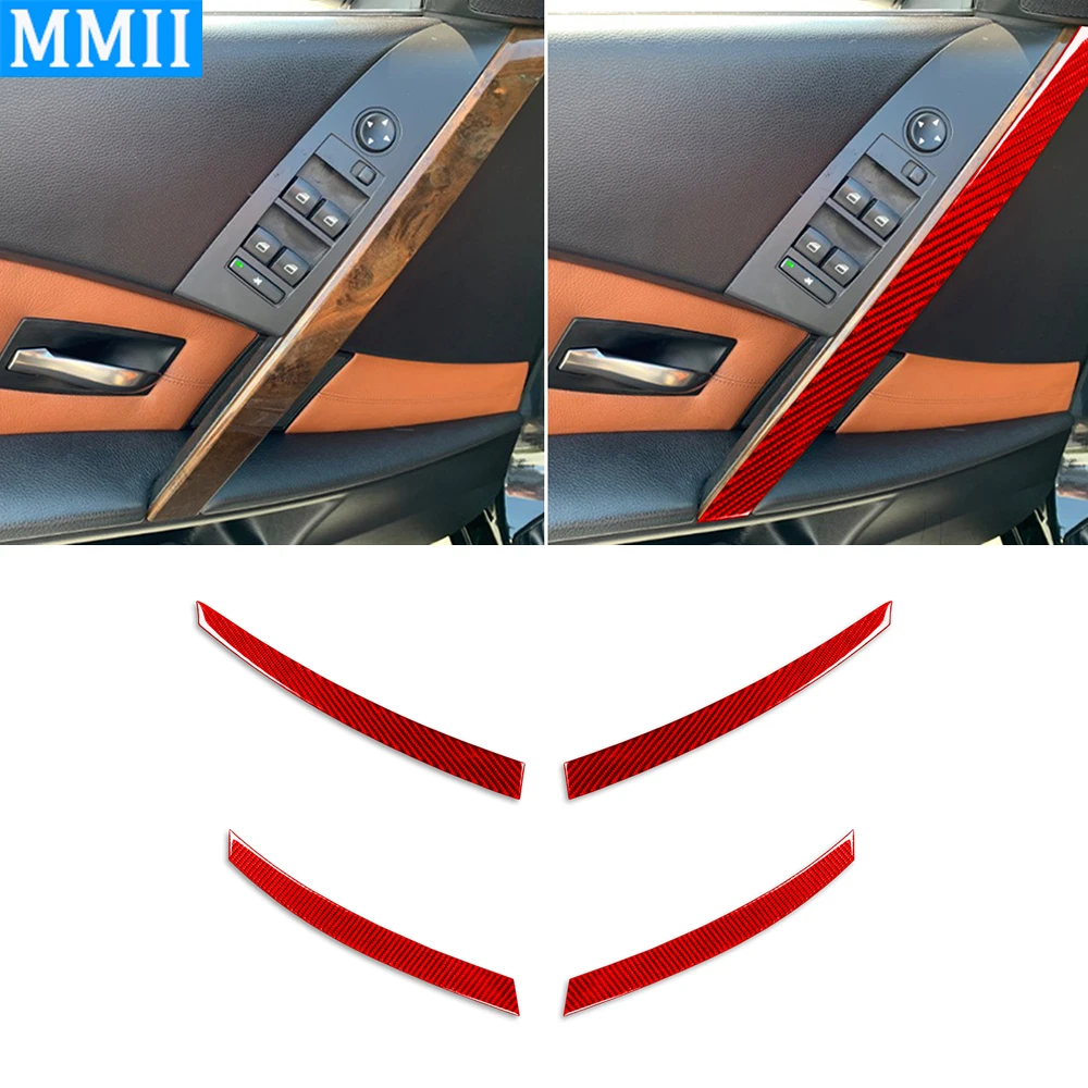 

Red Carbon Door Handle Panel Decorative Strips Trim Car Interiors Accessories Decoration Sticker For BMW 5 Series E60 2004-2007