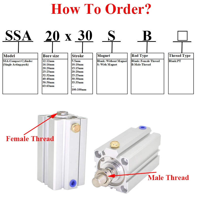 SSA-B 12 16 20 25 32 40 50 63 80mm Bore Male Thread Compact Cylinder Single Acting-Push Pneumatic Air Cylinder