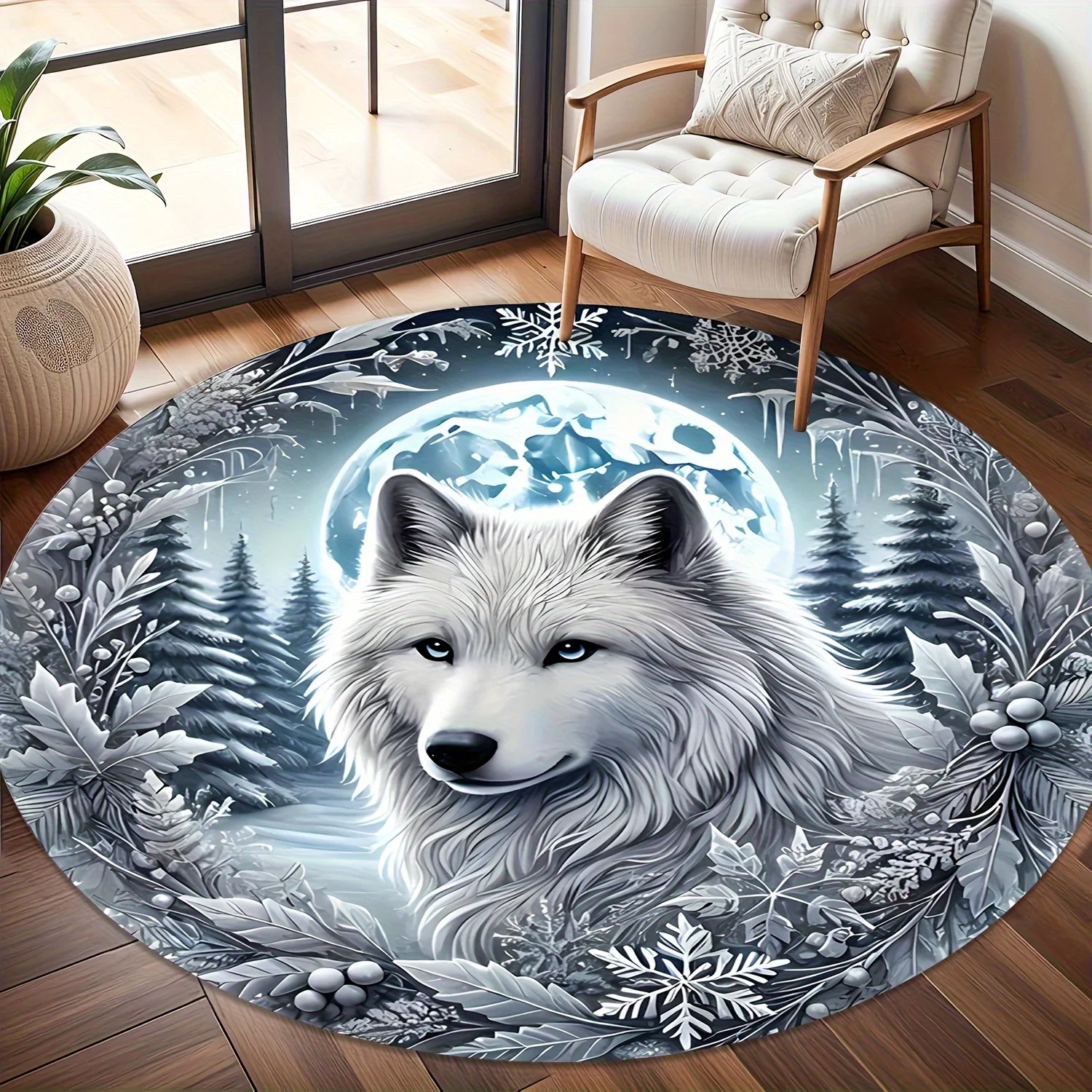 Includes Two Non-Slip Mats, One Round Carpet Featuring a White Wolf Design, Machine Washable, Ideal for Living Rooms, Studies, B