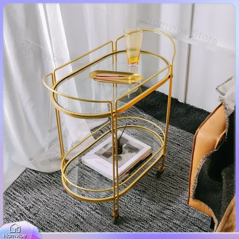 Luxury Mobile Bar Cart Restaurant Hotel KTV Banquet Serving Trolley Double Glass Shelf Liquor Cake Display Stand Modern