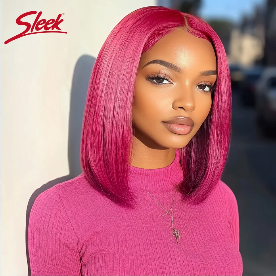 Perruque Bob Lace Front Wig naturelle brésilienne Remy lisse-Sleek, rose, violet 99J, rouge naturel, densité 200%