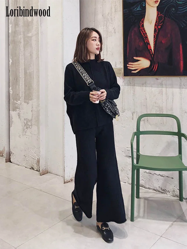 Loribindwood Knitted Sweater Wide Leg Pants Suit for Women Autumn/winter 2022 New Korean Loose Fashion Two-piece Set