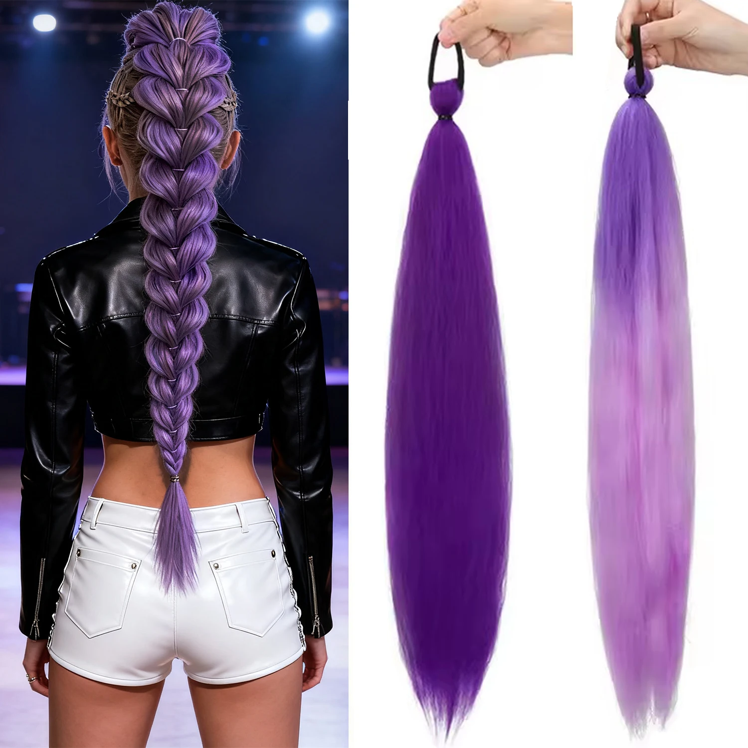 

Synthetic Purple Long Straight Ponytail Rubber Band Ponytail Hair Extension for Women Purple Halloween