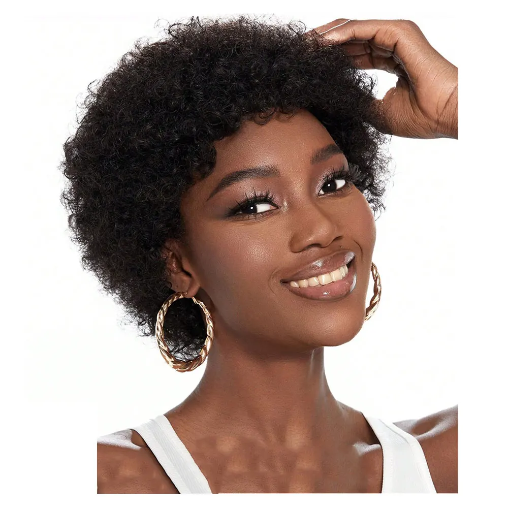 Short Curly Wigs Afro Kinky Curly Wigs Human Hair Pixie Cut Curly Afro Wigs for Black Women Full Machine Brown Red Highlight Wig