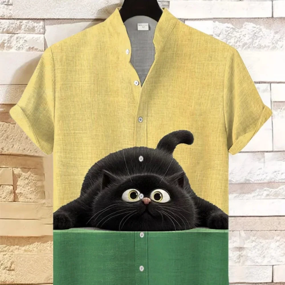 

Men's Hawaiian Casual Vacation Shirt Short Sleeve Stand up Collar Cute Cat Printed Linen Cardigan Fashionable Men's Clothing