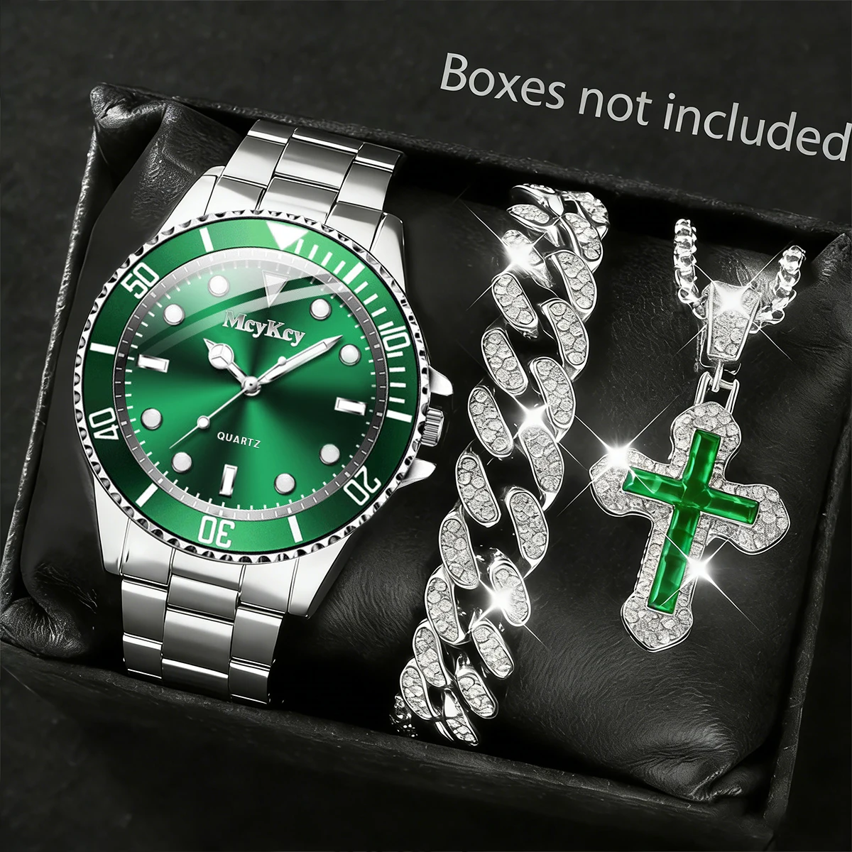 3PCS Luxury Large Dial Men Business Watches Stainless Steel Band Sports Wristwatch Bracelet Necklace Set（Without Box）