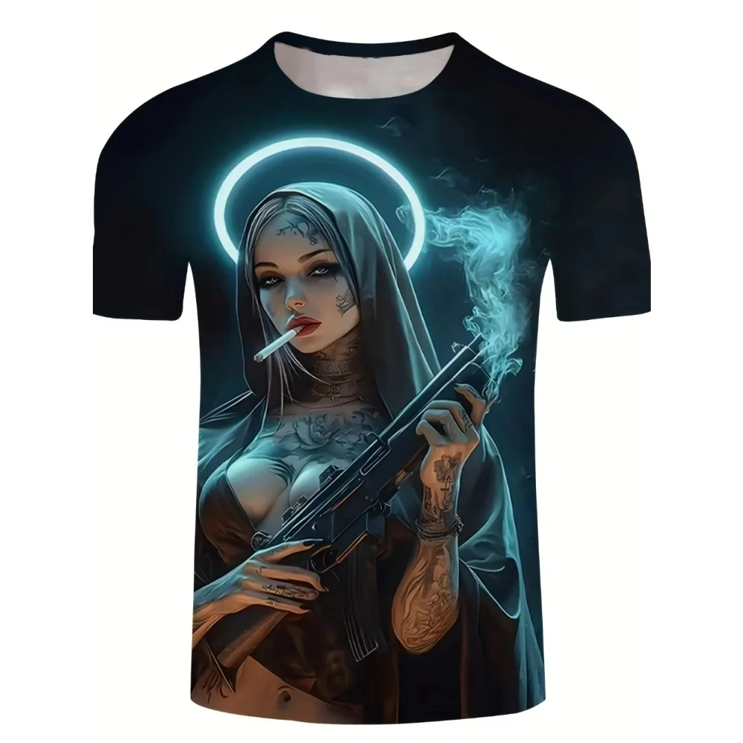 

Татурованная монахиня, готическая футболка с рисунком, 3d принт, летняя мужская футболка для отдыха, сухая, быстро, детская одежда, футболка Y2k Woman