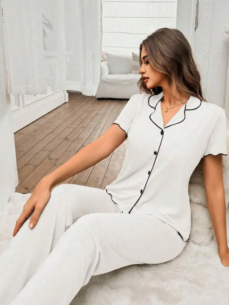 

Womens White V-Neck Short Sleeve Pajama Set With Black Trim Casual Loungewear