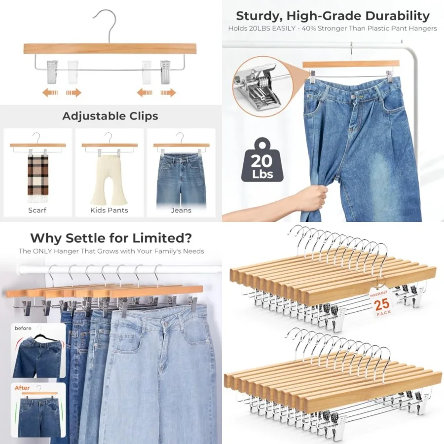 

Premium Wooden Pants Hangers 25 Pack, Solid Lotus Wood Skirt Hangers with 2-Adjustable Clips, Heavy Duty Anti Slip Wood Bottom