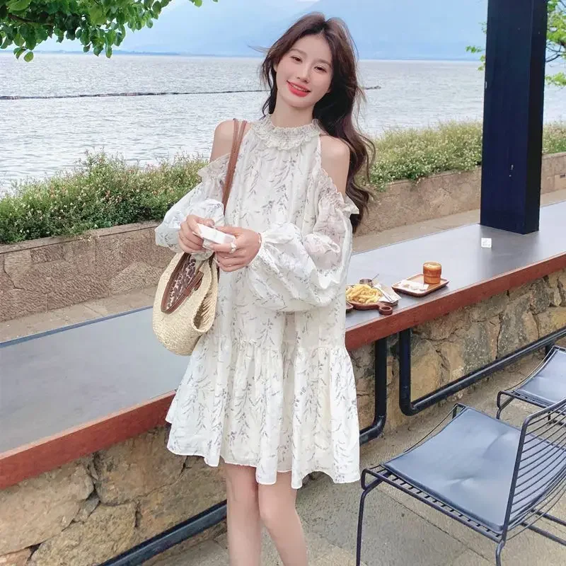 

Off-shoulder Floral Dress for Women, New Summer Style with Pleated Elastic Chiffon, Casual and Elegant