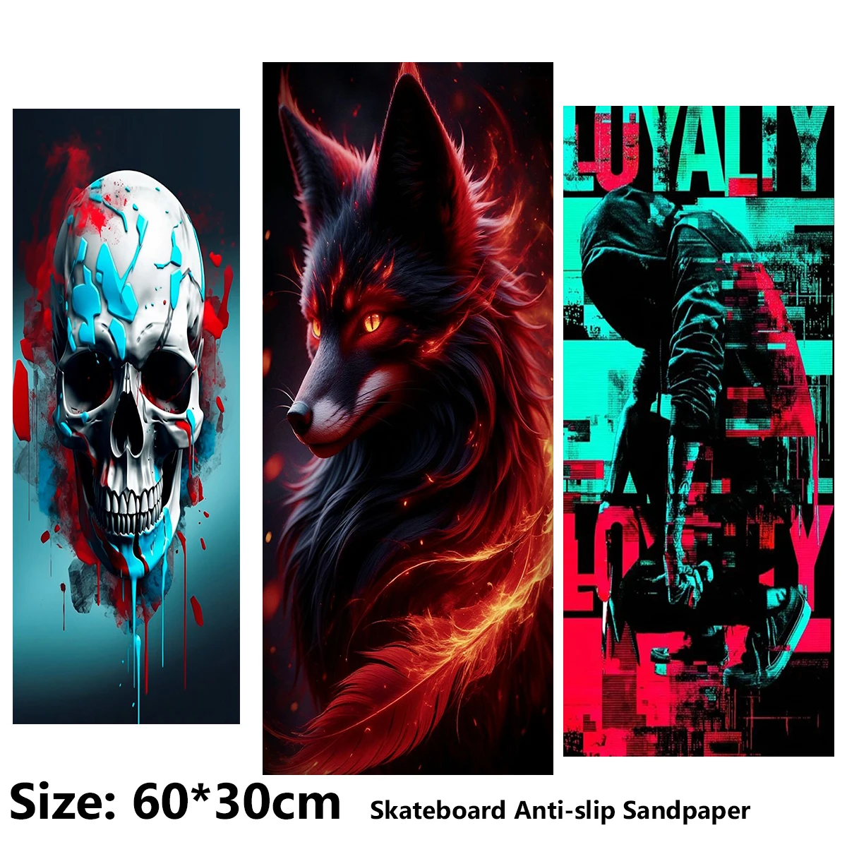 Electric Scooter Anti-slip Sticker Sandpaper Skateboard GripTape Sheet 60*30cm Skull and Wolf Graffiti Pattern