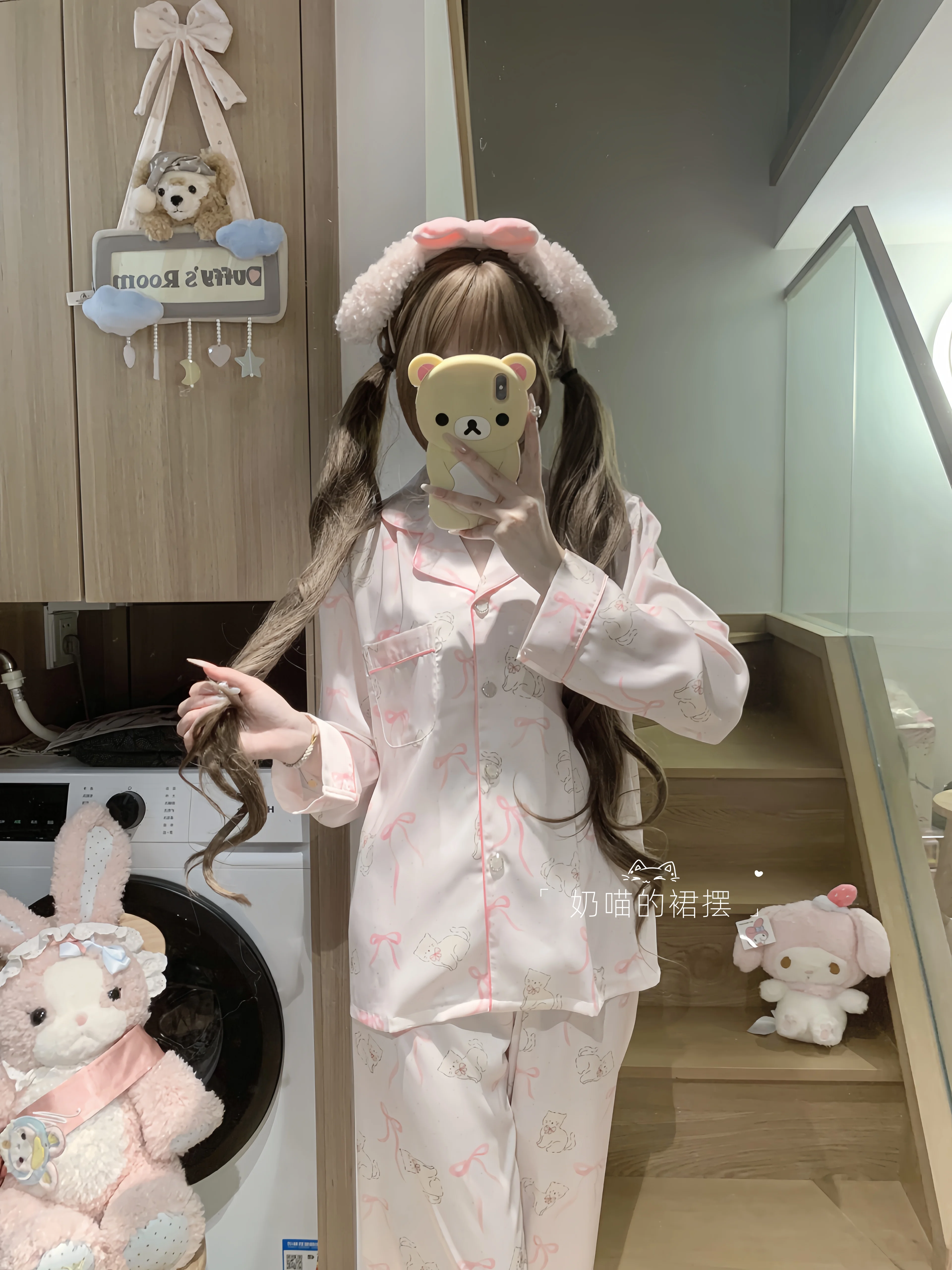 2025 Japanese Summer New Satin Ice Silk Long-sleeved Pajamas Cartoon Print Sweet Cute Girl Doll Loungewear Set