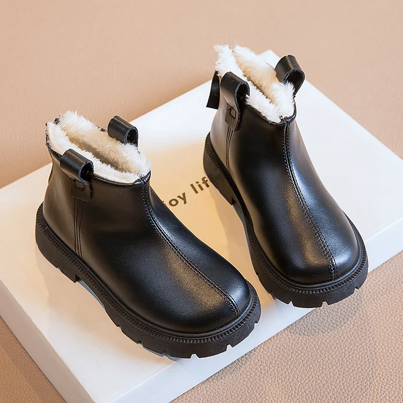 2023 Plush Warm Children Chelsea Boots Winter Thick Solid PU Leather Boys Girls Ankle Shoes Zip Anti Slip Kids Fashion Boots