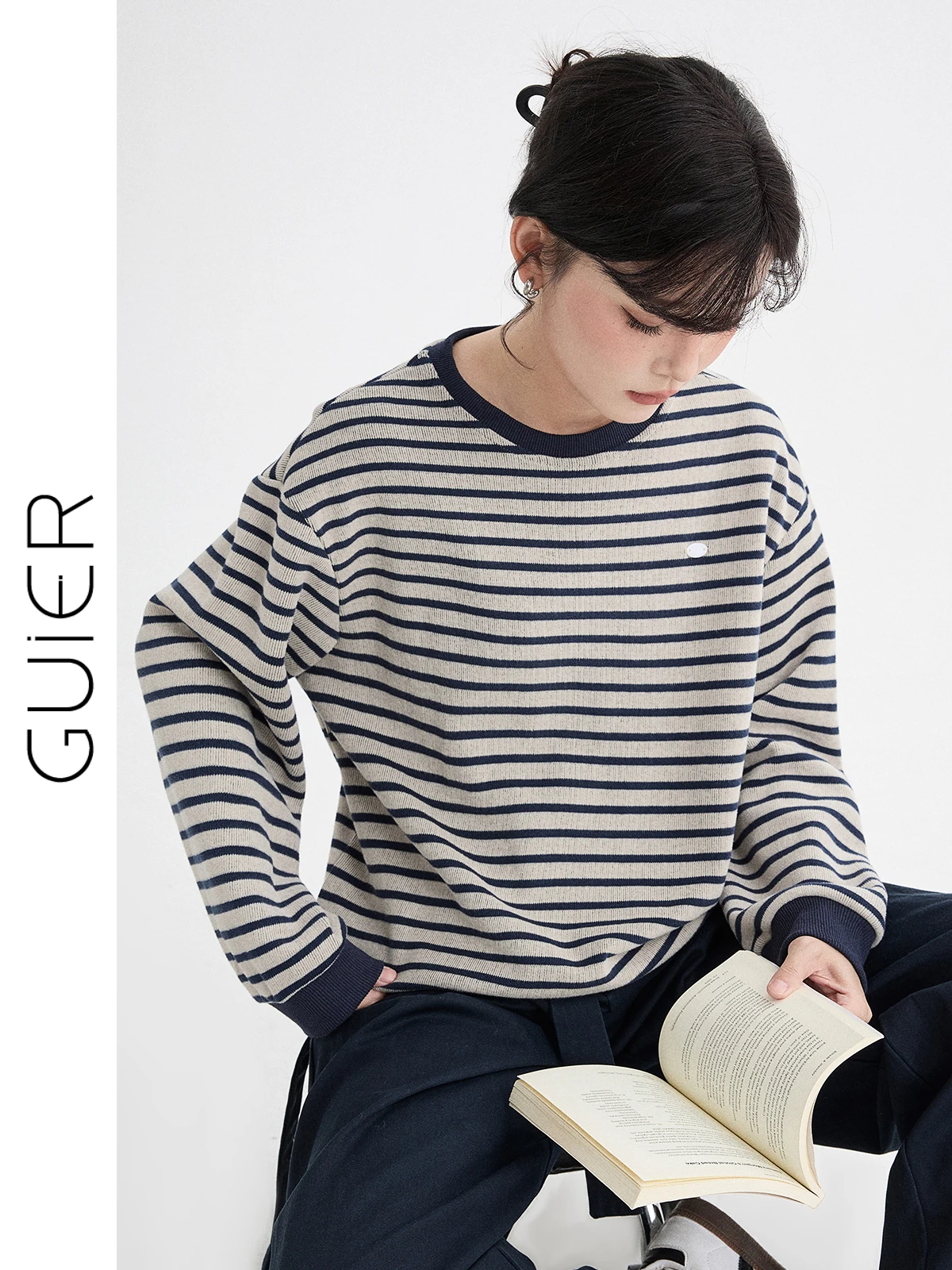 

Женский полосатый свитшот Guier с круглым вырезом, свободный крой, повседневный, в стиле ретро, премиум-класса, весна 2026, новинка, комфортная посадка
