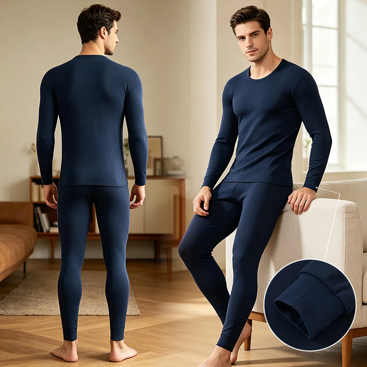 Men's Warm Set Autumn/Winter Solid Color Multi Color Round Neck Letter Elastic Waist Long Sleeve Top Casual Pants Home Clothes