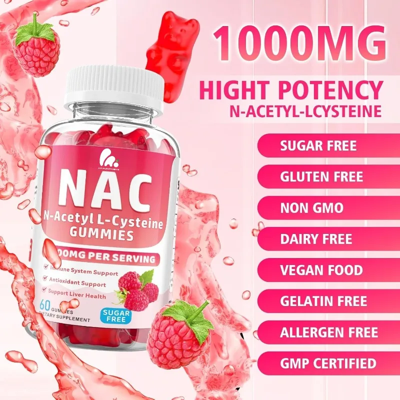 

NAC gummies, 1000mg N-acetylcysteine supplement for antioxidants and immune support, liver health, raspberry flavor, 60 gummies