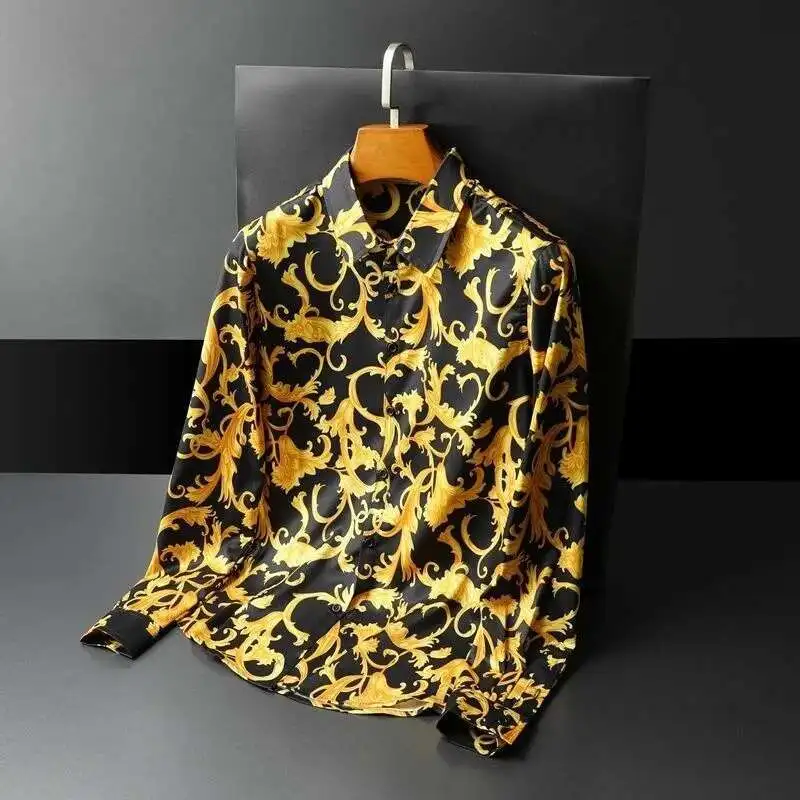 Luxury Gold Paisley Baroque Shirt  2020 Autumn Long Sleeve Casual Shirt Slim Fit Camisa Masculine Gold Black Chemise Homme 5xl