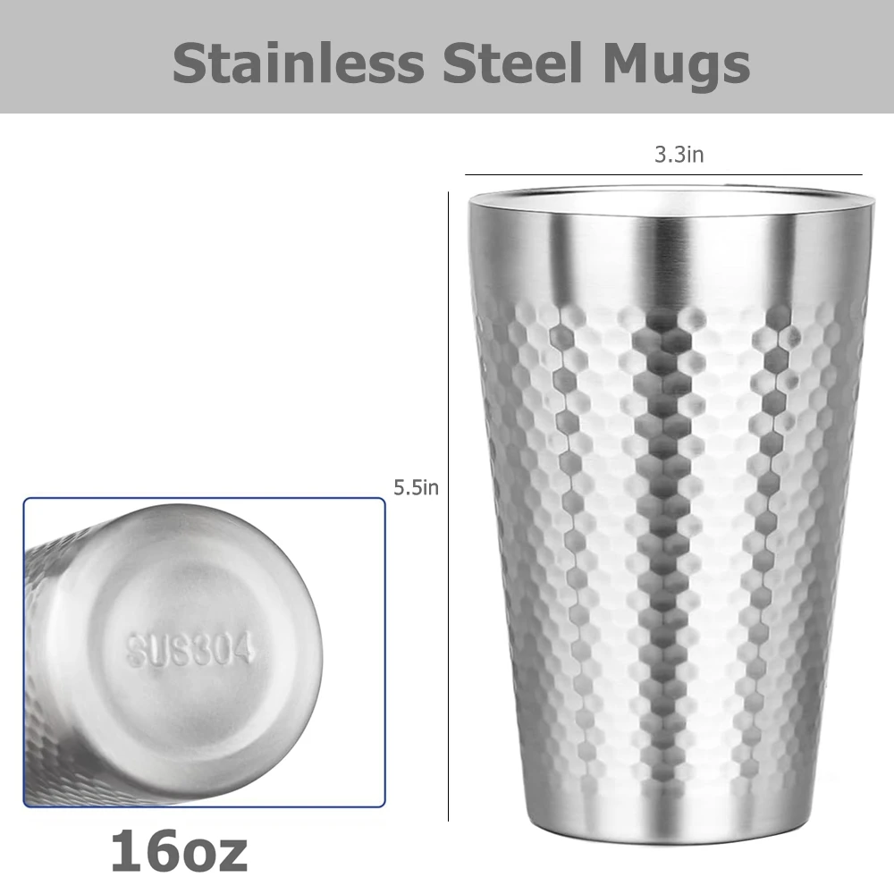 2 Pack Stainless Steel 304 Coffee Mugs Double Wall Insulated 16oz Stackable Metal Cups Diamond Textured Surface Dishwasher Safe