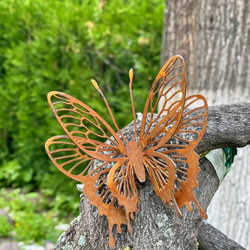 Butterfly Garden Sculpture Rustic Outdoor Indoor Open Wing Design Sturdy Metal Structure Suitable for Yard Art Deco Holiday