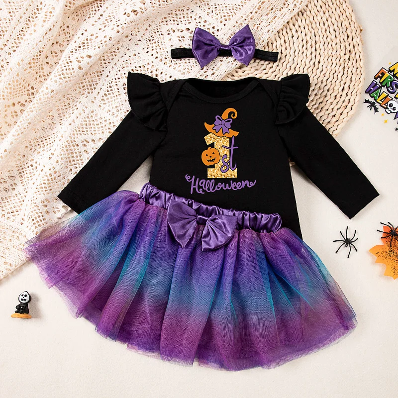 

Baby Halloween Carnaval Party Cosplay Dresses Girl 2024 Autumn Long Sleeve Pumpkin Skeleton Little Witch Set Skirt For Girl Gift