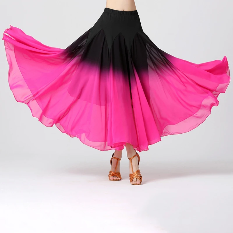 Women Latin Dancewear Gradient Color Long Skirt Female Ballroom Dance Big Swing Waltz Skirt Stage Performance Costume