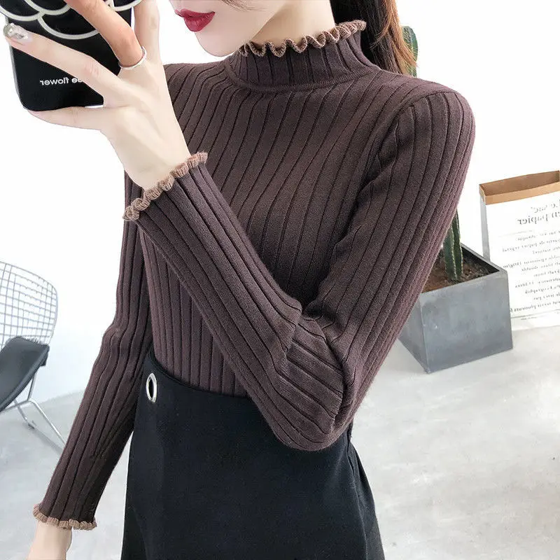 Fashion Turtleneck Knitted Spliced Ruffles Sweater Women\'s Clothing 2022 Autumn New Casual Pullovers Loose Sweet Tops