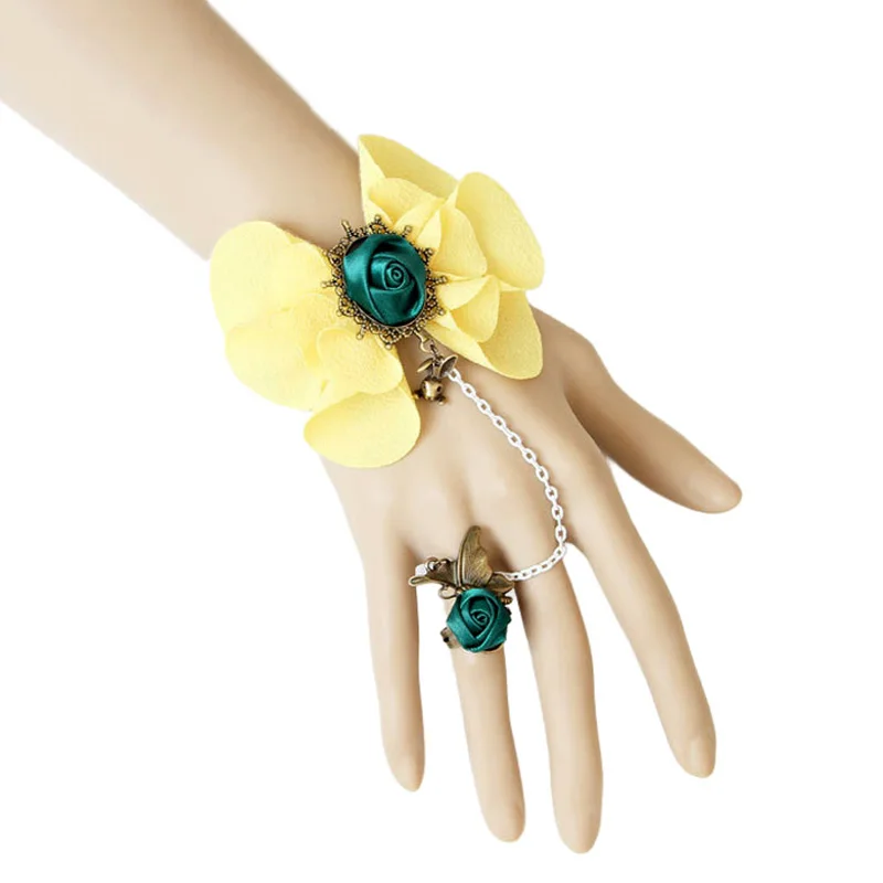 Womens Yellow Flower Green Rose Butterfly Set Adjustable Ring Bracelet Vintage Style Slave Chain Lolita Holiday Bridal Jewelry