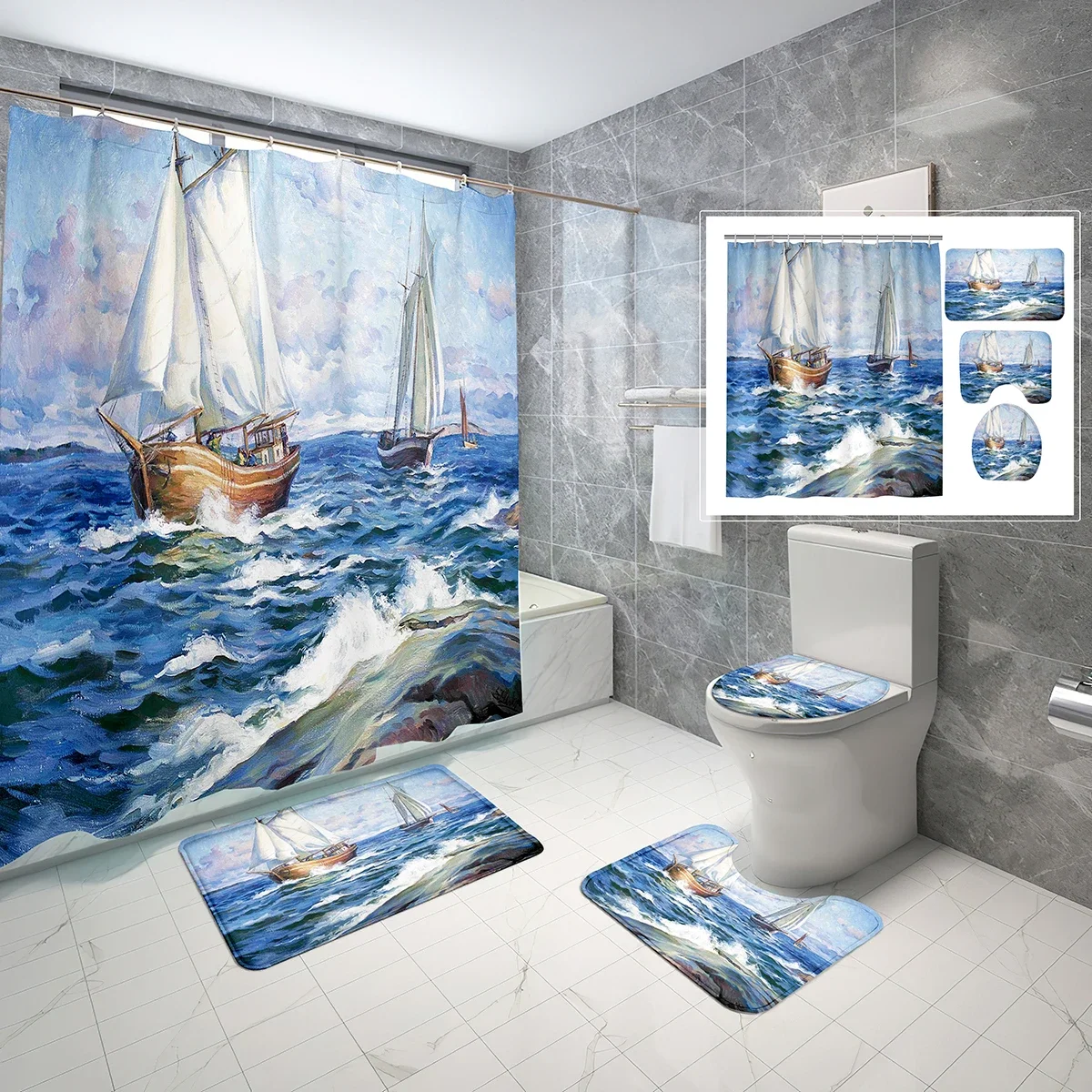 4 Pcs Oil Painting Sailboat Shower Curtain Sets Pictorial Art Ships Non-Slip Bath Mat Toilet Cover Waterproof Shower Curtain Set