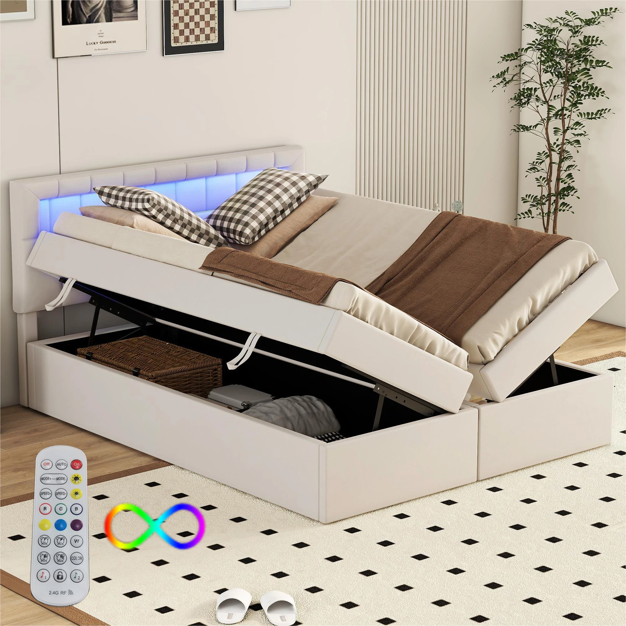 140x200 cm Flat bed remote control ambient light at the head of the bed, both sides of the bed can be opened, large storage space, beige