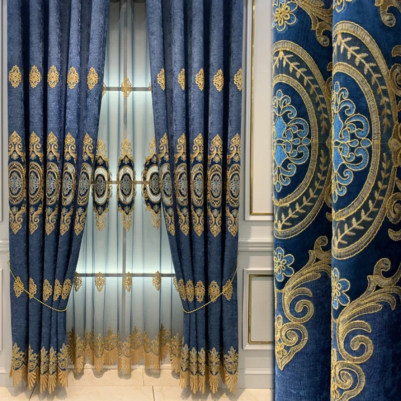 

Nordic Luxury Geometric Embroidery Curtains for Living Dining Room Bedroom Chenille Blue/Brown/ Coffee Blackout Window Drapes