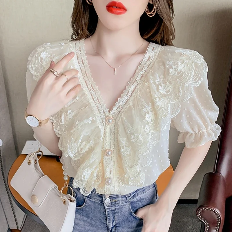 Vintage Summer Lace Tops Women 2024 Elegant Fashion Casual Ruffles White Blusas Mujer Korean Clothing V Neck Chiffon Blouses y2k