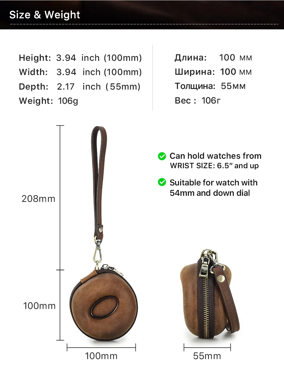 CONTACTS FAMILY Tragbares Reise-Einzeluhrengehäuse aus echtem Leder mit Reißverschluss, Aufbewahrungsbox für Uhren, Münztüte, Smartwatch-Box – Detail 3
